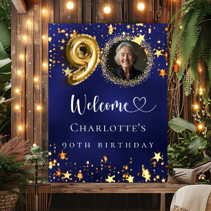 90th Birthday blue gold stars photo welcome Poster
