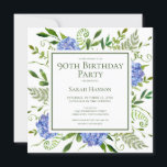 90th Birthday Blue Hydrangeas Card Request<br><div class="desc">This blue hydrangea 90th birthday card request invitation is whimsical and stunning! With its watercolor multi-hued blue hydrangeas, wispy natural greenery it is perfect for celebrating your loved one. The back has a beautifully worded fully customisable card request and a lovely coordinating blue hydrangeas bouquet. By selecting Personalise this template...</div>