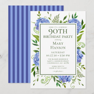 90th Birthday Blue Hydrangeas Floral Watercolor Invitation