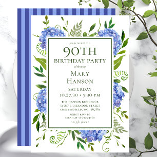90th Birthday Blue Hydrangeas Floral Watercolor Invitation