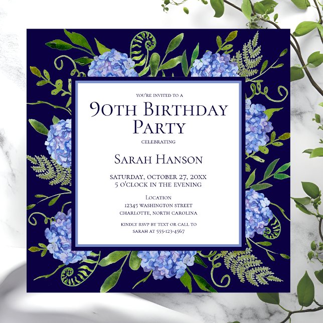 90th Birthday Blue Hydrangeas Floral Watercolor Invitation (Creator Uploaded)