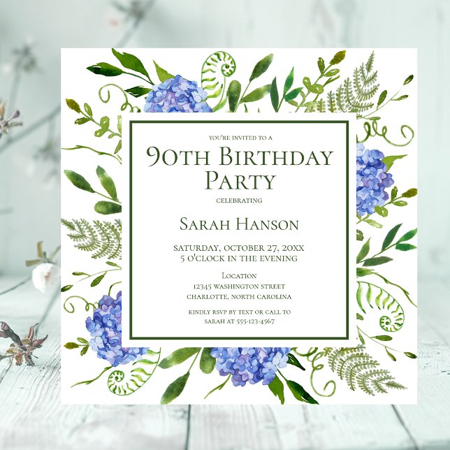 90th Birthday Blue Hydrangeas Floral Watercolor Invitation (Creator Uploaded)