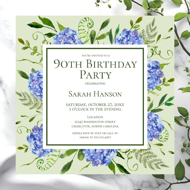 90th Birthday Blue Hydrangeas Floral Watercolor Invitation (Creator Uploaded)