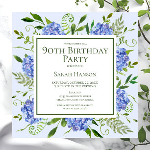 90th Birthday Blue Hydrangeas Floral Watercolor Invitation