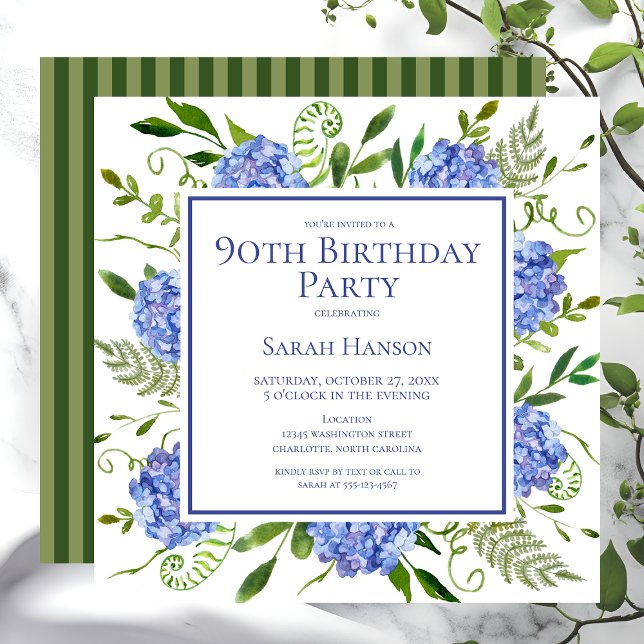 90th Birthday Blue Hydrangeas Floral Watercolor Invitation (Creator Uploaded)