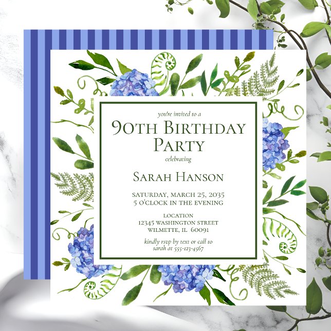 90th Birthday Blue Hydrangeas Floral Watercolor Invitation (Creator Uploaded)
