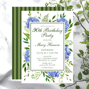 90th Birthday Blue Hydrangeas Floral Watercolor Invitation