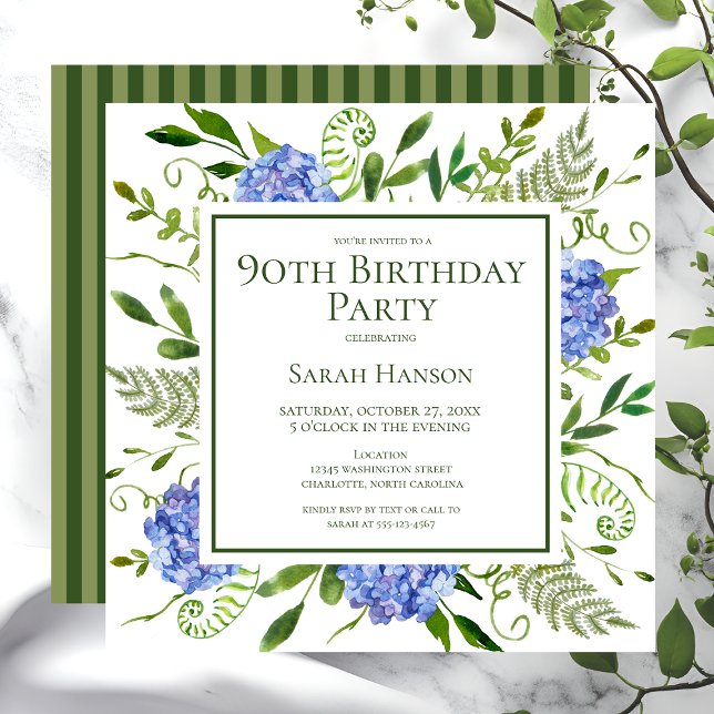 90th Birthday Blue Hydrangeas Floral Watercolor Invitation (Creator Uploaded)