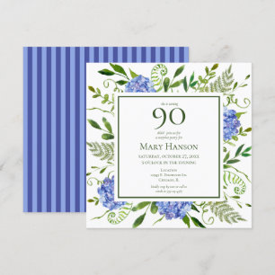 90th Birthday Blue Hydrangeas Floral Watercolor Invitation