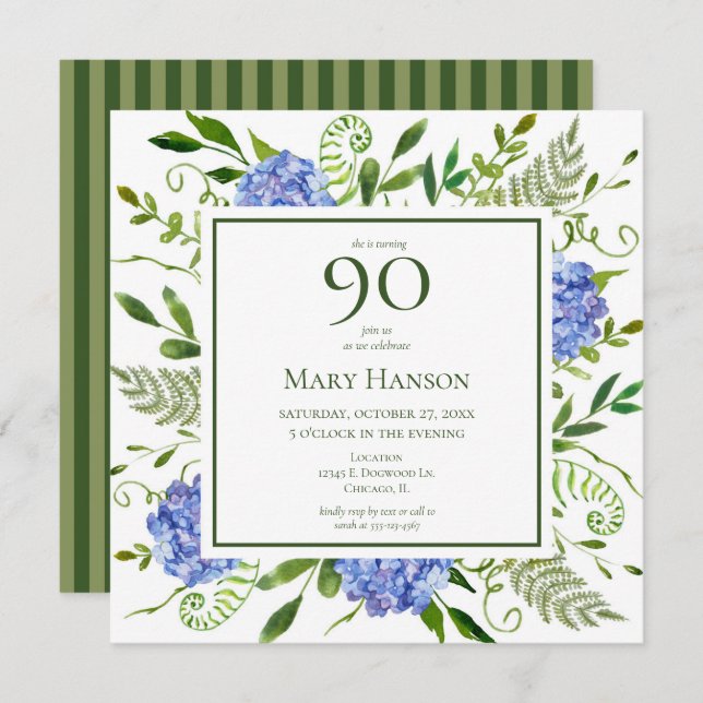 90th Birthday Blue Hydrangeas Invitation (Front/Back)
