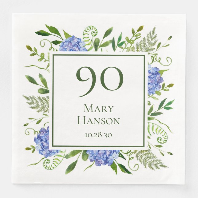 90th Birthday Blue Hydrangeas Napkin (Front)
