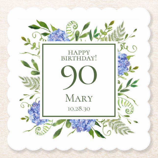 90th Birthday Blue Hydrangeas Paper Coaster (Front)