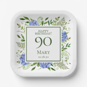 90th Birthday Blue Hydrangeas Paper Plate