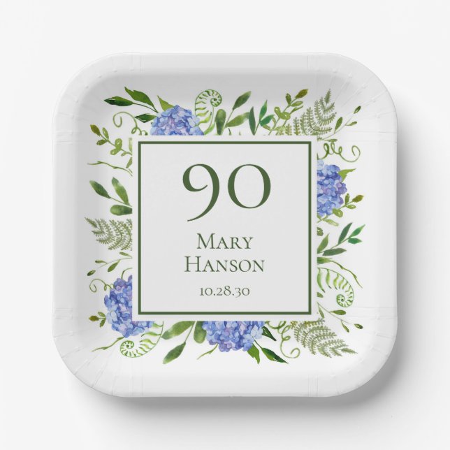 90th Birthday Blue Hydrangeas Paper Plate (Front)
