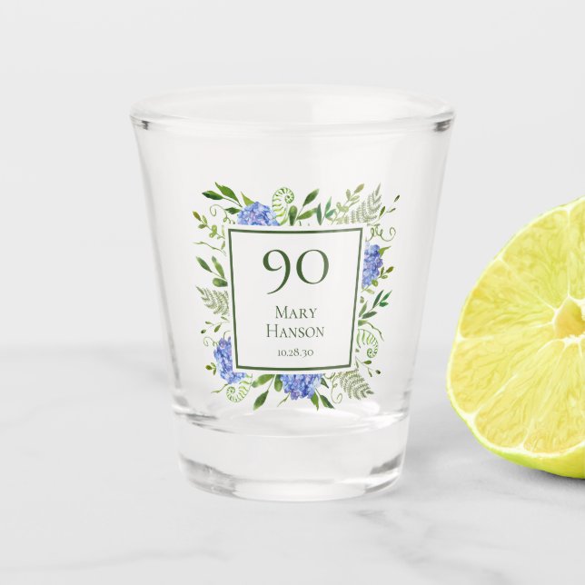 90th Birthday Blue Hydrangeas Shot Glass (Front)