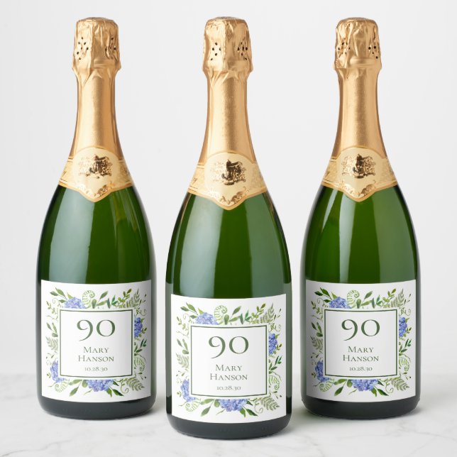 90th Birthday Blue Hydrangeas Sparkling Wine Label (Bottles)