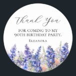 90th Birthday Blue July Birth Flower Custom Flat Classic Round Sticker<br><div class="desc">Elegant blue larkspur flowers create a pretty thank you sticker. Larkspur or delphinium wildflowers are the July Birth Flower, so this is a perfect floral design for a July birthday. Open and airy script spells thank you. Two lines of text let you personalise a thank you statement and your name....</div>