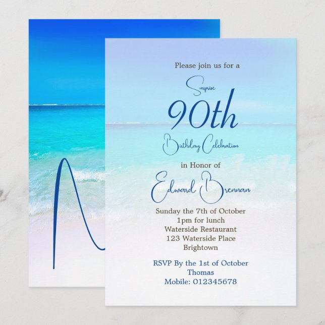 90th Birthday Blue Ocean Sea Destination Birthday  Invitation (Front/Back)