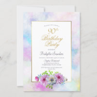 90th Birthday Blue Pink Floral Gold Pastel Border