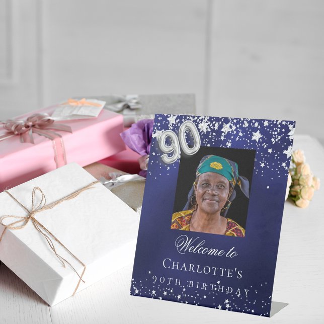 90th Birthday blue silver stars photo welcome Pedestal Sign (Creator Uploaded)