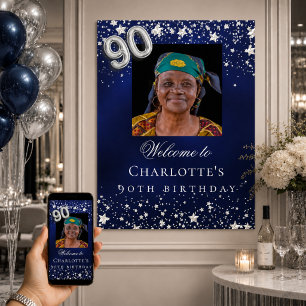 90th Birthday blue silver stars photo welcome Poster