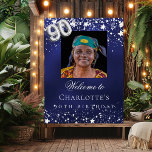 90th Birthday blue silver stars photo welcome Poster<br><div class="desc">A welcome poster for a 90th birthday party.  A navy blue background with elegant faux silver stars. The blue colour is uneven.  Personalise and add a photo,  name and text.  White letters.</div>