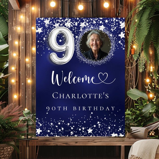 90th Birthday blue silver stars photo welcome Poster (Creator Uploaded)