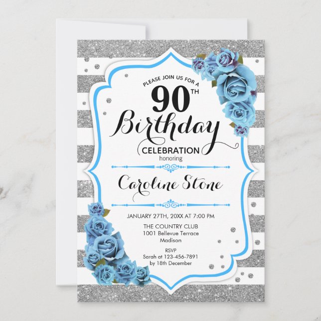 90th Birthday - Blue Silver White Stripes Invitation (Front)