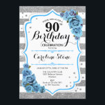 90th Birthday - Blue Silver White Stripes Invitation<br><div class="desc">90th Birthday Invitation.
Elegant design in faux glitter silver,  white and turquoise aqua blue. Features stylish script fort,  stripes and blue roses. Perfect for an elegant birthday party. Can be customised into any age.</div>