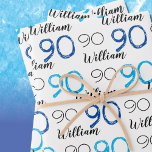 90th birthday Blue themed Custom Age Name Wrapping Paper Sheet<br><div class="desc">90th birthday Gift Wrap on a set of 3 sheets. Personalised two-toned Blue and Black text pattern on a white background can be edited for the Birthday honoree's Name and any Age.</div>