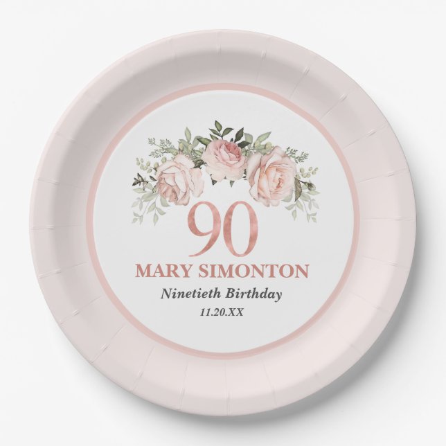 90th Birthday Blush Pink Floral Elegant Feminine Paper Plate (Front)