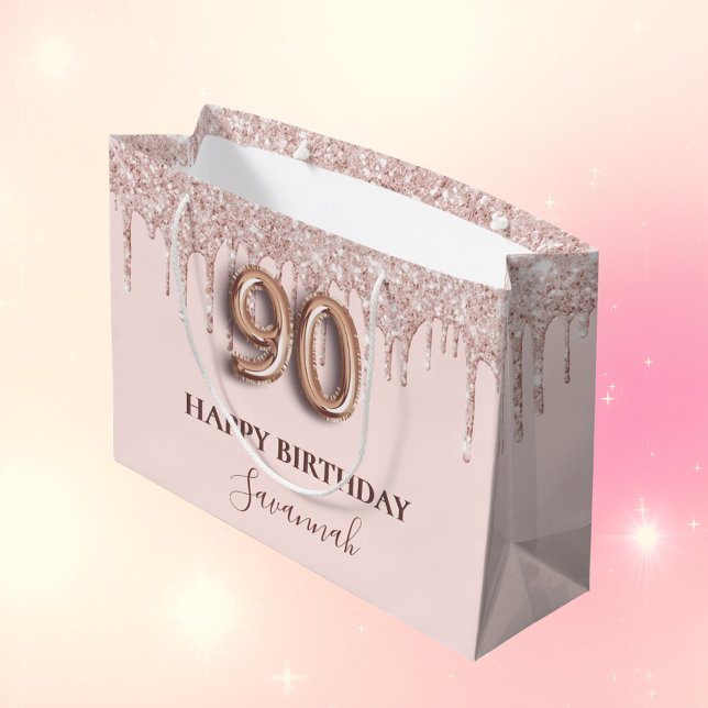 90th birthday blush pink glitter drips rose gold large gift bag (Creator Uploaded)