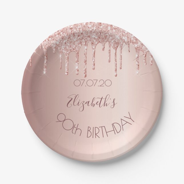 90th birthday blush rose gold glitter drips name paper plate (Front)