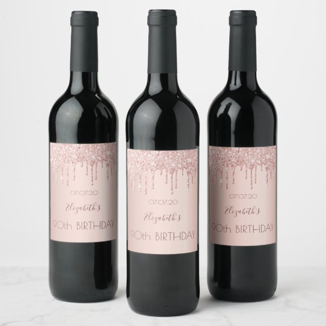 90th birthday blush rose gold glitter drips name wine label (Bottles)