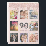 90th birthday blush rose gold glitter name photo wooden box sign<br><div class="desc">A glamourous and unique 90th birthday gift or keepsake, celebrating her life with a collage of 8 of your photos. Personalise and add a name, age 90 and a date. Grey and dark rose gold coloured letters. Elegant and trendy blush pink background colour. Decorated with rose gold coloured faux glitter...</div>
