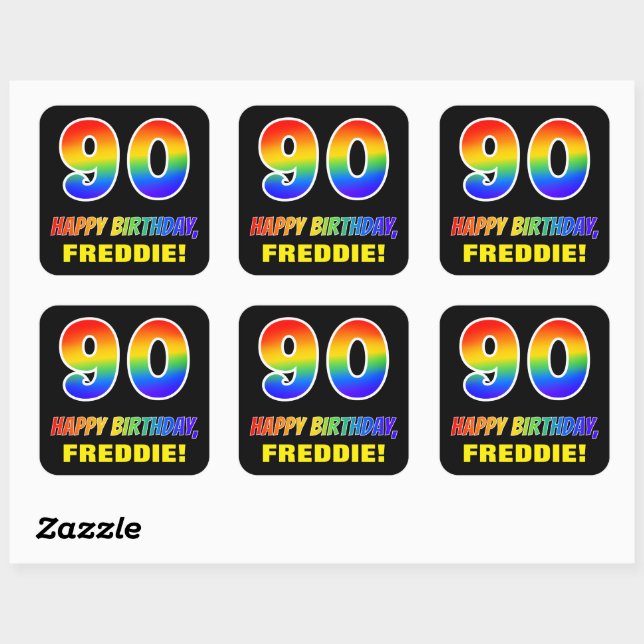 90th Birthday: Bold, Fun, Simple, Rainbow 90 Square Sticker (Sheet)