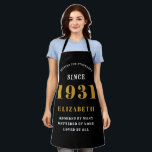 90th Birthday Born 1931 Black Gold Lady's Apron<br><div class="desc">A personalised classic black apron design for that birthday celebration for somebody born in 1931 and turning 90. Add the name to this vintage retro style black, white and gold design for a custom 90 birthday gift. Easily edit the name and year with the template provided. A wonderful custom birthday...</div>