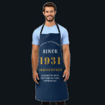 90th Birthday Born 1931 Blue Gold Man's Apron<br><div class="desc">A personalised classic blue apron design for that birthday celebration for somebody born in 1931 and turning 90. Add the name to this vintage retro style blue, white and gold design for a custom 90th birthday gift. Easily edit the name and year with the template provided. A wonderful custom birthday...</div>