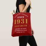 90th Birthday Born 1931 Personalised Elegant Red  Tote Bag<br><div class="desc">90th birthday tote bag. Easily customise the text of this born in 1931 Red "Standards" shopping bag using the template provided. Part of the setting standards range cards and gifts..</div>