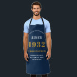 90th Birthday Born 1932 Add Name Blue Gold Man's Apron<br><div class="desc">A personalised classic blue apron design for that birthday celebration for somebody born in 1932 and turning 90. Add the name to this vintage retro style blue, white and gold design for a custom 90th birthday gift. Easily edit the name and year with the template provided. A wonderful custom birthday...</div>