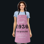 90th Birthday Born 1935 Pink Black Lady's Apron<br><div class="desc">A personalised classic pink apron design for that birthday celebration for somebody born in 1935 and turning 90. Add the name to this vintage retro style pink, white and black design for a custom 90 birthday gift. Easily edit the name and year with the template provided. A wonderful custom birthday...</div>