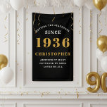 90th Birthday Born 1936 Add Name Black Gold Banner<br><div class="desc">90th Birthday Party Wall Banner - Customisable Black and Gold Decorative Piece. Celebrate an impressive milestone with our Birthday Party Wall Banner. This one-of-a-kind black and gold banner is not just a decoration, it's a statement piece. Customisable to your preferences, it's an elegant and fun way to mark the start...</div>