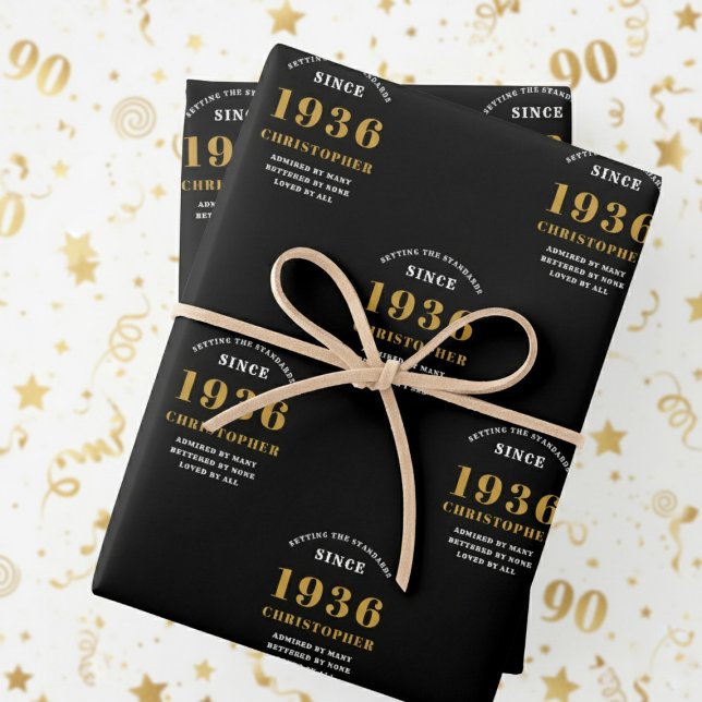 90th Birthday born 1936 Add Name Black Gold Wrapping Paper Sheet (1936 wrapping paper. White and gold background.)