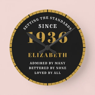 90th Birthday Born 1936 Black Gold Round Clock