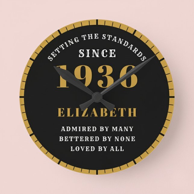 90th Birthday Born 1936 Black Gold Round Clock (Born 1936 birthday standards clock. Pastel background.)