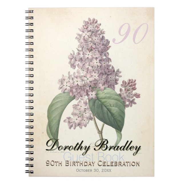90th Birthday Botanical Vintage Lilac Guest Book (Front)