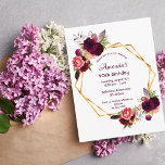 90th birthday burgundy floral gold invitation postcard<br><div class="desc">On front: An invitation for an elegant 90th birthday party. A chic white background with a faux gold geometric frame. Decorated with dark burgundy and pink watercolored flowers, roses and boho style feathers. Templates for a name and party details. The name is written with a hand lettered style script, burgundy...</div>