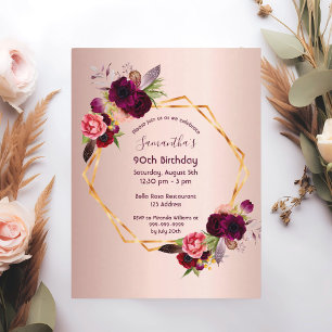 90th birthday burgundy floral rose gold invitation postcard