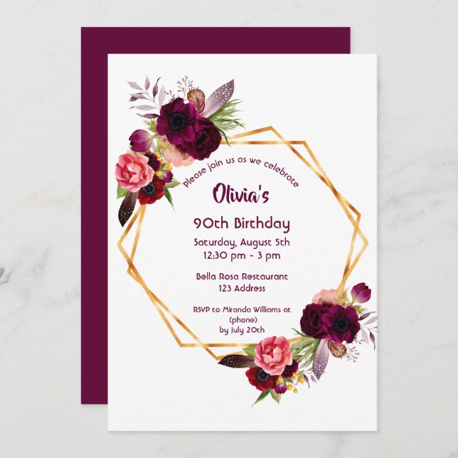 90th birthday burgundy florals gold geometric invitation (Front/Back)