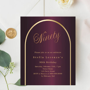 90th birthday burgundy gold arch invitation